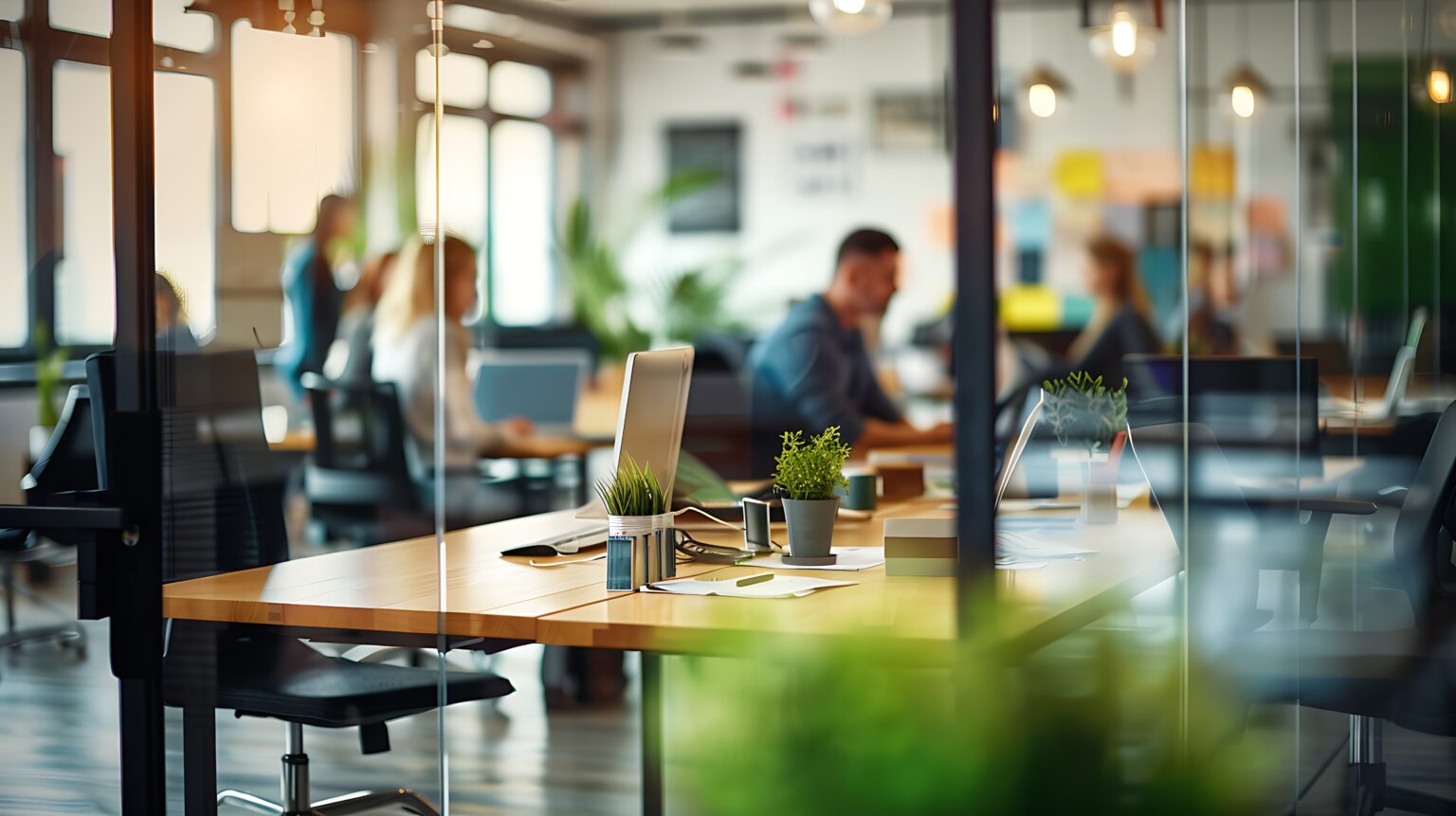 Modern office space with employees working at desks through transparent glass partitions, reflecting a collaborative and busy environment.